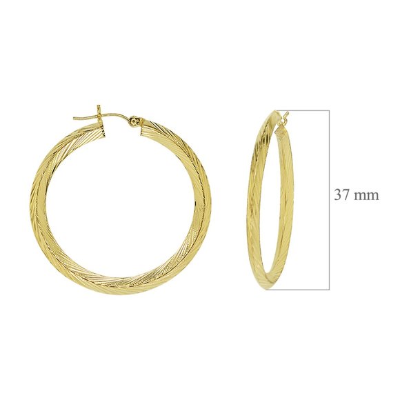 14K Yellow Gold Diamond Cut Round Hoop Earrings - Picture 4 of 4